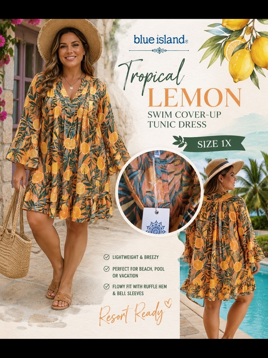 blue island Other - Blue Island 1X NWT Tropical Lemon Print Swim Cover-Up Tunic Dress Plus Boho Chic